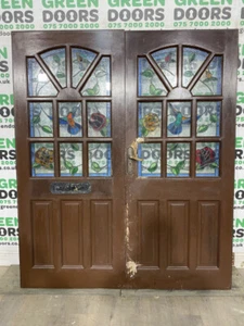 1930s DOUBLE FRONT DOORS STAINED GLASS WOODEN ANTIQUE RECLAIMED WOOD EXTERNAL - Picture 1 of 24