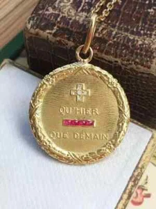 14k Yellow Gold Plated 1Ct Round Lab Created Ruby Antique Que Demain Pendant 18" - Picture 1 of 4