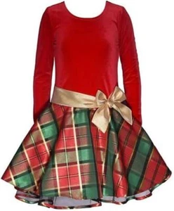 Bonnie Jean Girls Red Velvet Bodice Tartan Plaid Flair Skirt w Crinoline Edging - Picture 1 of 1