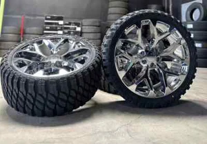 24” SNOWFLAKE CHROME WHEELS RIMS MT TIRES CHEVY SILVERADO TAHOE GMC YUKON SIERRA - Picture 1 of 5