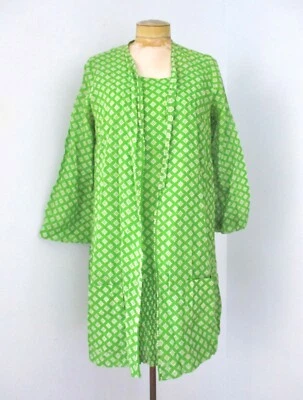 Vtg 60s mod green daisy floral cotton sheeting 2-pc dress open coat suit M/L - Image 1 of 4
