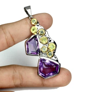 Valentine 925 Pendente Argento Ametista 15ct Zaffiro Peridoto Gemma Fatto a Mano - Foto 1 di 10