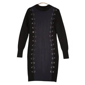 Karen Millen Dress Size Small 8-10 Black Navy Eyelet Knit Jumper Bodycon - Picture 1 of 8