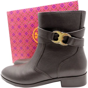 Tory Burch Boots Tumbled Leather Gemini Gold Flat Riding Ankle Booties Sz 10 - Picture 1 of 6