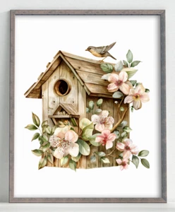 Vogel Wandbilddruck, Vogelhaus und Blumen Druck, Wandbild Deko Druck #65 - Bild 1 von 2