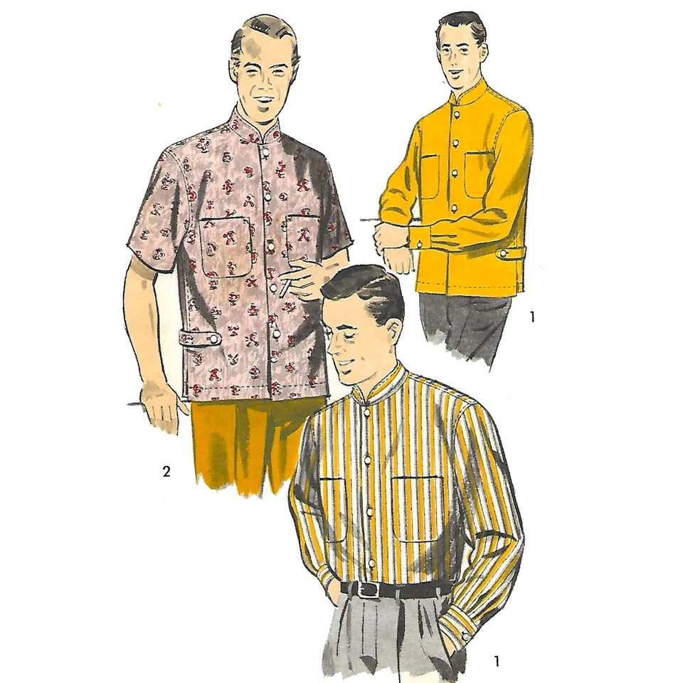 Vintage 1950s Pattern - Men's Mandarin Shirt - Chest=38-40” (96.6-101.6cm) - Image 1 of 4