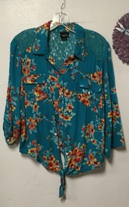 rue21 Womens Colorful Blouse Size XL Blue Orange Red Ties at Waist Adj Cuffs 53 - Picture 1 of 4