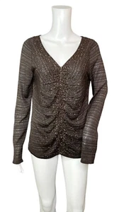 Dana Buchman Silk Knit Sweater Women L Brown Ruched V-neck Beaded Long Sleeve - Picture 1 of 9