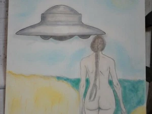 Female nude figure drawing pencil pastel UFO artist Jerome Cadd Flying saucer - Picture 1 of 4