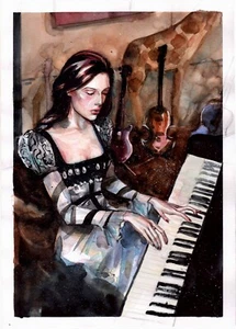 Original Watercolor Painting Piano Wall Art Woman Playing Piano Painting - Picture 1 of 4