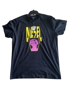 DIESEL Women’s T-shirt Black,yellow and purple logo print Ribbed Round Neck NWT - Picture 1 of 6