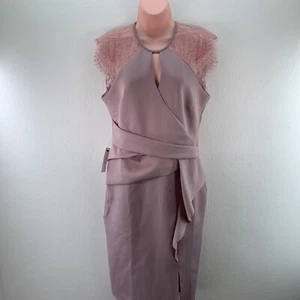 Lipsy Eyelash Bodycon Midi Dress Wrap Front, Lace Shoulder Frill Size UK 16 Nude - Picture 1 of 20