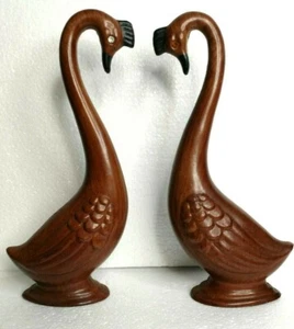 Vintage Retro Swan Figurines Clear & Amber Rhinestone Eyes Wood Composite 8 1/4 - Picture 1 of 8