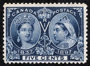 Canada Sc 54 Blue 5¢ 1897 Original Gum Tiny Hinge Remnant Jubilee Issue - Picture 1 of 1