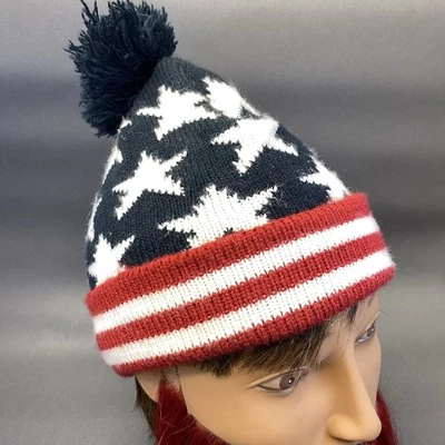 Boné gorro bandeira americana neve inverno pom pom vermelho branco azul marinho antigo - Imagem 1 de 4