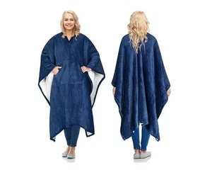 Catalonia Sherpa Fleece Poncho Wearable Large Blanket Women Navy One Size - Picture 1 of 10