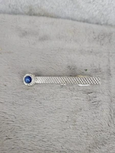 Vtg Swank Silver Tone Mesh Tie Clip Bar Blue Cabochon Center Retro Men's Jewelry - Picture 1 of 6