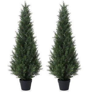4' Artificial Cedar Topiary Tree Plant Pre-Potted Outdoor Indoor Pack of 2 - Picture 1 of 6