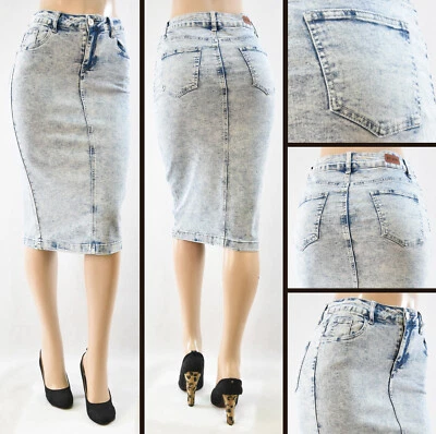New Women 27" Skirt Stretch Denim no slit pencil acid snow wash #WG-77239 snow - Image 1 of 2