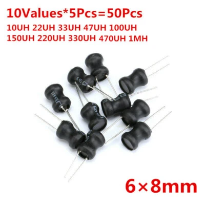 50pcs 10Values 6*8 10UH-1MH Power Inductors Assortment Kit 100/220/470UH 1MH - Image 1 of 3
