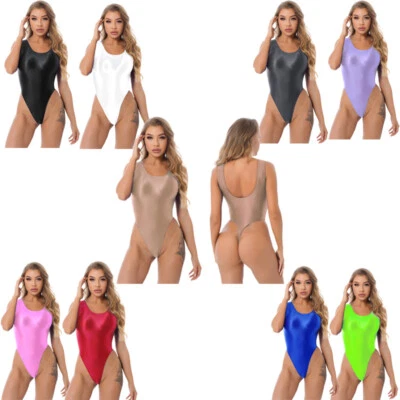Frauen Bodysuit Badeanzug Trikots Glänzend Overalls Ärmellos Clubwear Fitness - Bild 1 von 4