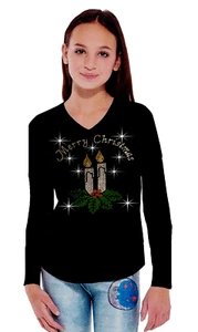 Bling Feliz Navidad Centropieza Velas Estrás Camiseta Larga Niñas 10~12 - Imagen 1 de 1