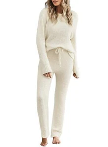 luvamia Women's Casual Fuzzy Fleece Knitted Pajama Set Two Pieces Long Pj Set - Picture 1 of 5