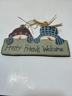 Rustic "Frosty Friends Welcome " Hand-Painted Wooden Sign-Cream/Green/Blue/Brown - Image 1 of 4