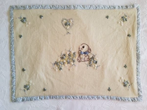 Vintage Wool Baby Cot Blanket Bunny Rug Embroidered Blue Handmade 77x104cm - Picture 1 of 11