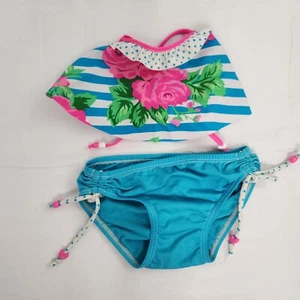Swimsuit Girls Two-piece Blue Floral Stripe Youth Medium - Picture 1 of 8