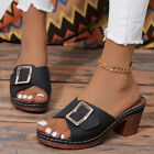 Women Casual Slipper Slip On Mid Block Heels Open Toe Sandals Summer Roman Shoes