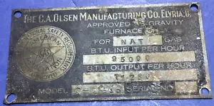 Vintage C.A. OLSEN GRAVITY FURNACE Metal NAMEPLATE EMBLEM MADE IN ELYRIA OH USA - Picture 1 of 11