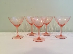 Vintage 5 Etched Pink Crystal Champagne Desset Glasses Optic Panel Depression - Picture 1 of 6