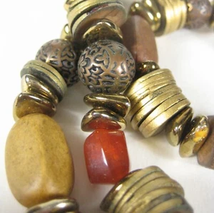 Metal Wooden Beaded Necklace 30 inch Goldtone Brown Strand Jewelry NO CLASP - Picture 1 of 10