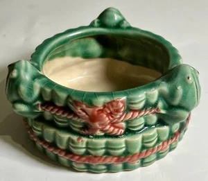 Vintage glasierte Keramik kleiner Übertopf grüne Frösche orange Akzente - Bild 1 von 6