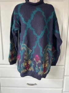 Sweater Sz S Vtg 80s NWOT Wool Blend Long Pullon Floral Embroidered Rolled Neck - Picture 1 of 12