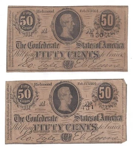 T-72 PF-1 CR-578 1864 Confederate States of America 50c Notes - 2 in Sequence - Picture 1 of 2