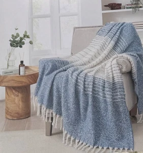 Highline Luxury Knit Warm Throw Blanket Boucle Mohair Yarn Blue White w/Gift box - Picture 1 of 12