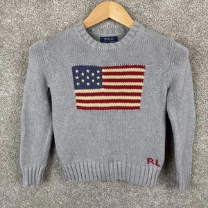 Polo Ralph Lauren Iconic Flag Cotton Crewneck Jumper Sweater Boys Small (8) Gray - Picture 1 of 6