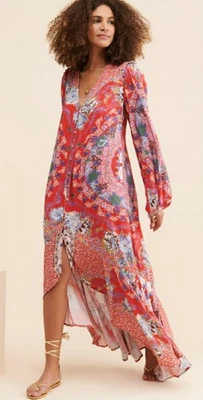 Free People Marais Printed Red Floral Peasant Boho Maxi Button Front Dress sz. M - Image 1 of 4