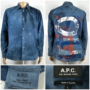 APC Shirt Men Large Blue Tie Dye Rue Madame Paris Button Up Cotton Graphic - Picture 1 of 15