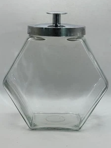 Vintage Countertop Hexagon Glass Covered Jar Container Metal Lid - Picture 1 of 5