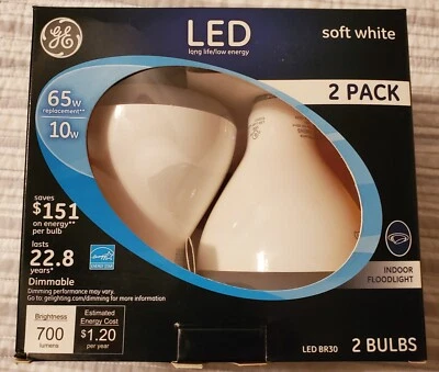 GE LED 2 Pack 65w BR30 Indoor FloodLight Light Bulbs Dimmable E26 SoftWhite.new. - Image 1 of 4