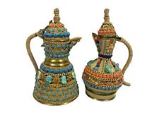 antique art nouveau scarab embellished Egyptian brass kettle lot of 2  7'' tall