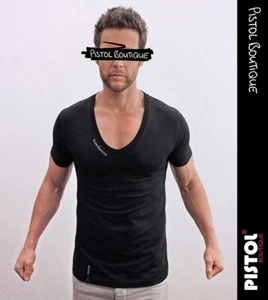 Pistol Boutique Men's Black Fitted Plain Logo Deep V-neck T-shirt - S/M/L/XL - Picture 1 of 13
