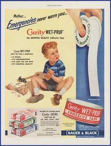Kit de primeros auxilios vintage 1949 cinta adhesiva vendaje Bauer negro años 40 anuncio impreso - Imagen 1 de 1