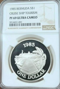 1985 BERMUDA SILVER DOLLAR S$1 CRUISE SHIP TOURISM NGC PF 69 ULTRA CAMEO BEAUTY - Picture 1 of 4