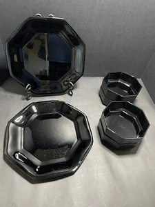 Vintage Arcoroc France Octime Black 3 Dinner Plates/4 Bowls 1980's Chic - Picture 1 of 5