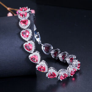 Handmade Love Heart 10MM Rose Red Garnet Gems Silver Womne Charm Bracelets 7.5"