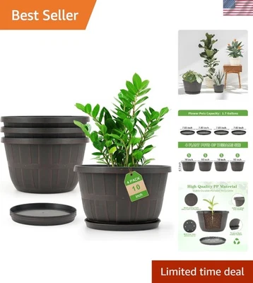 多功能 10 英寸棕色花盆 - 4 件装带排水及复杂设计 — 第 1/4 张图片